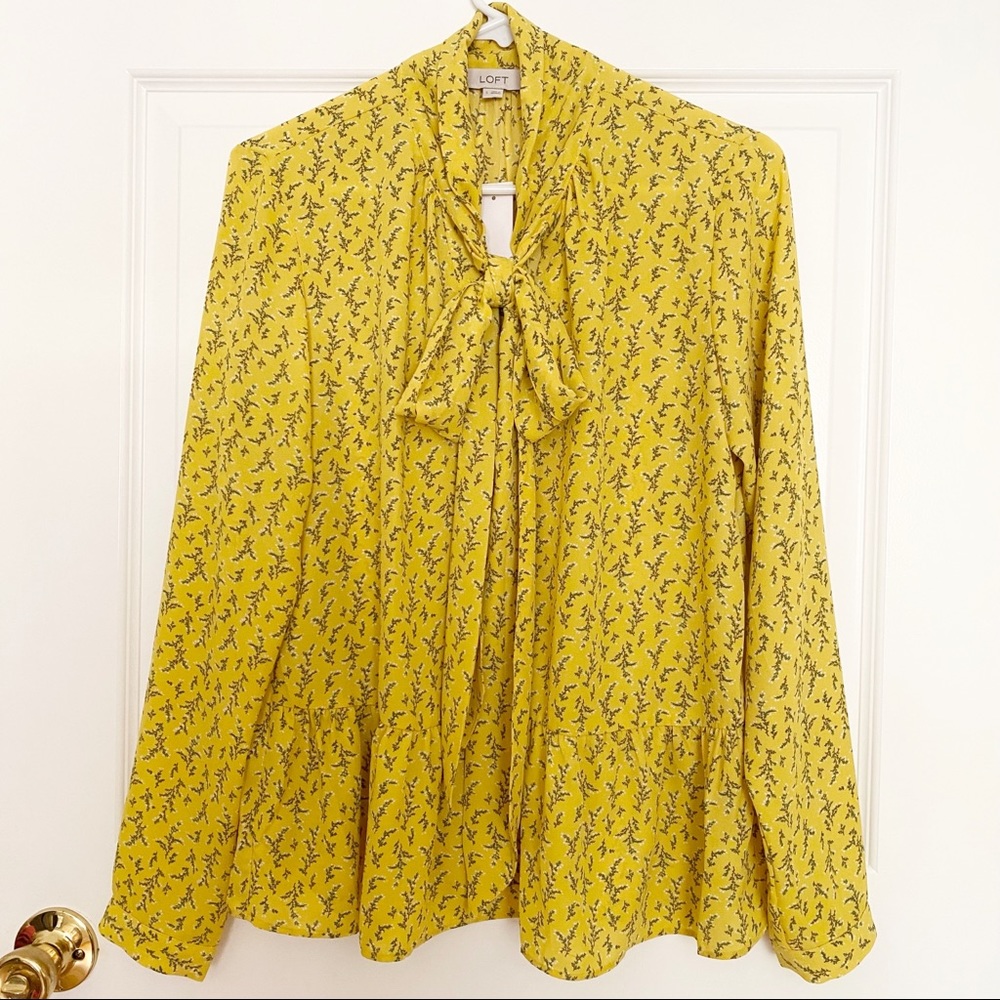 Loft Yellow Floral Vine Peplum Tie Neck Blouse